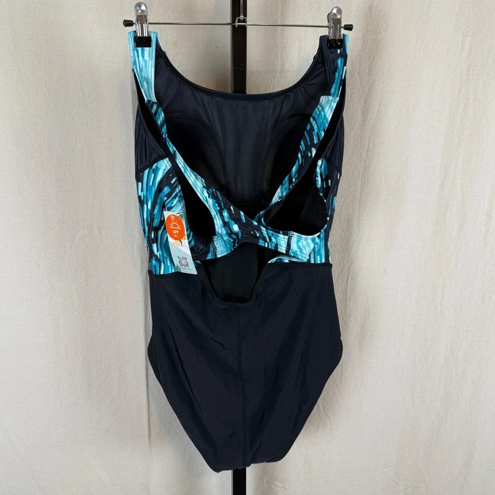 Attraco Womens XL 1 Piece Swimsuit Black Turquoise Graphic Athletic UPF 50+ NEW